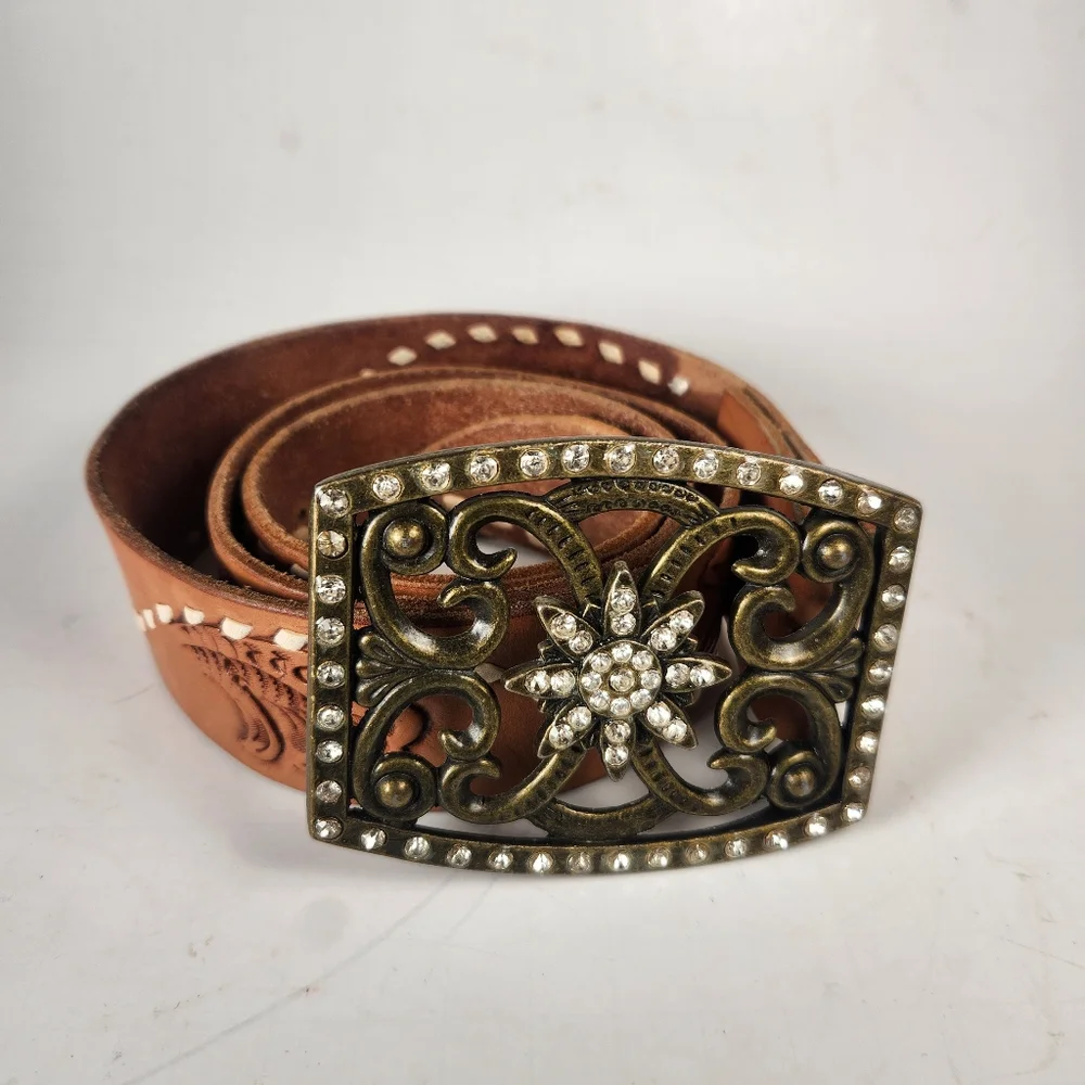 Western Rhinestone Belt Size 32 Brown Tooled Leather Cowboy Rodeo Equestrian - Picture 3 of 9